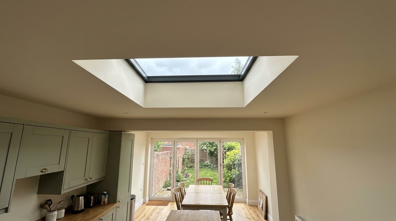 Flow application concept of a modest fixed flat rooflight with a dark perimeter and solid ceiling around it