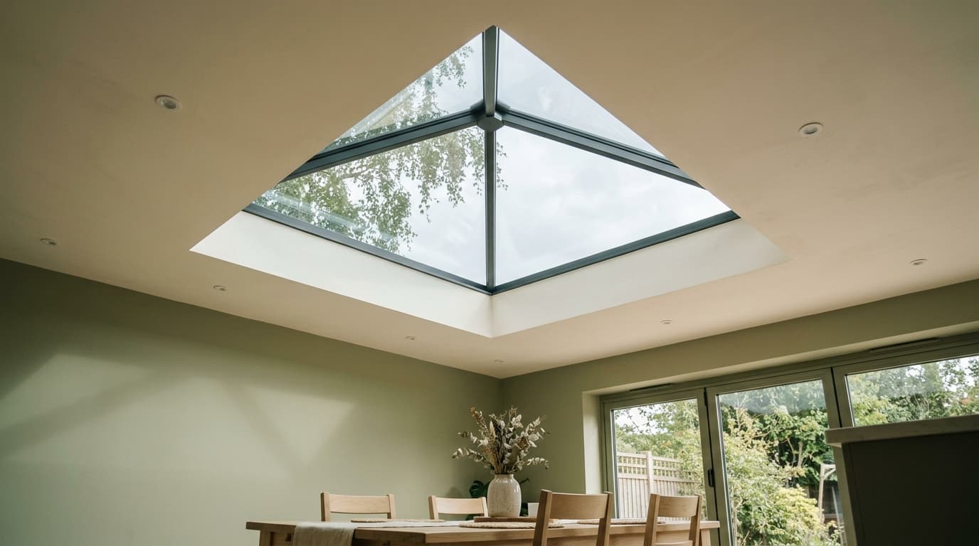 Flow application concept of a modest pitched glazed roof lantern surrounded by solid ceiling