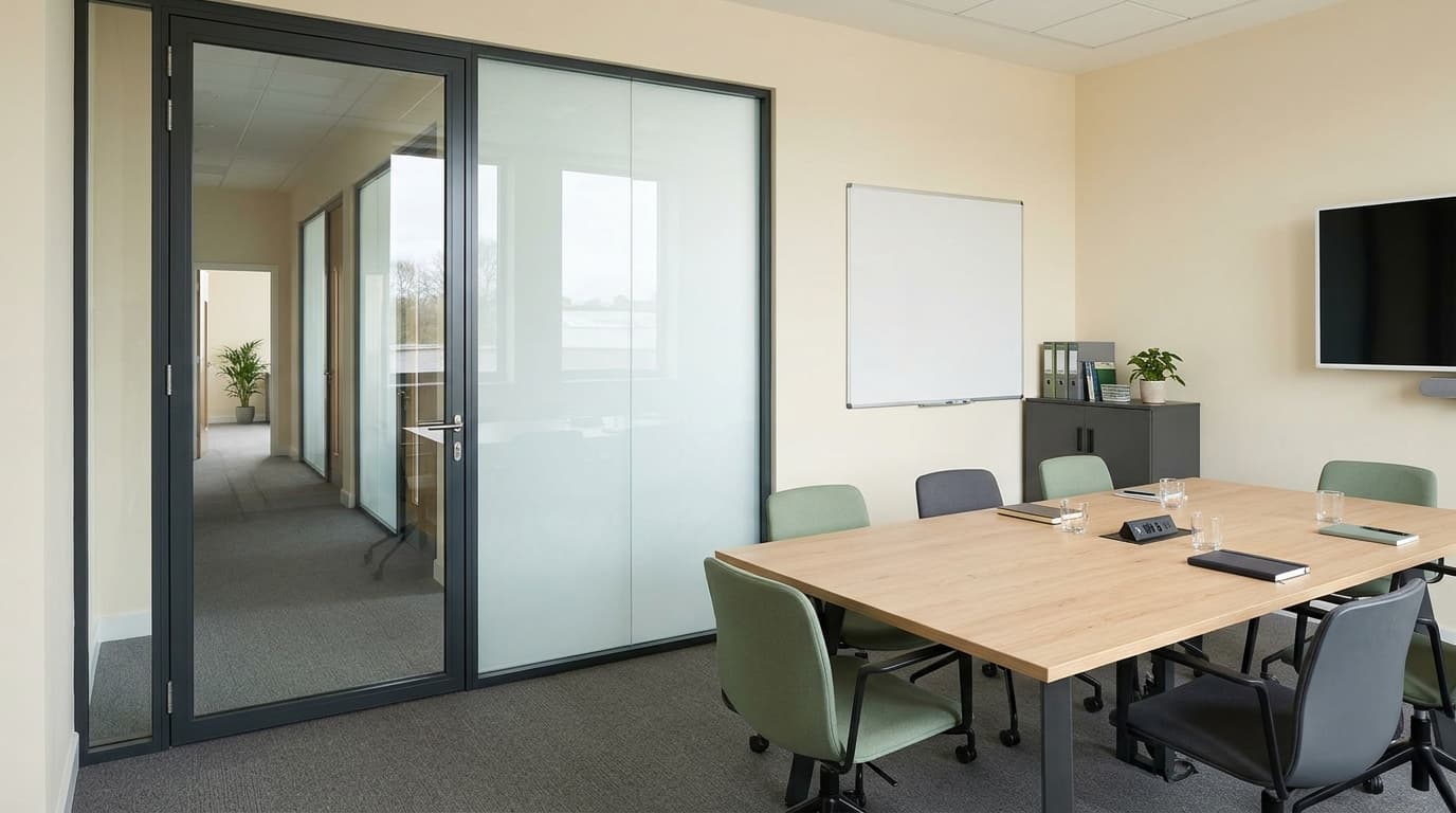 Flow concept of adjacent clear and translucent meeting-room privacy panels