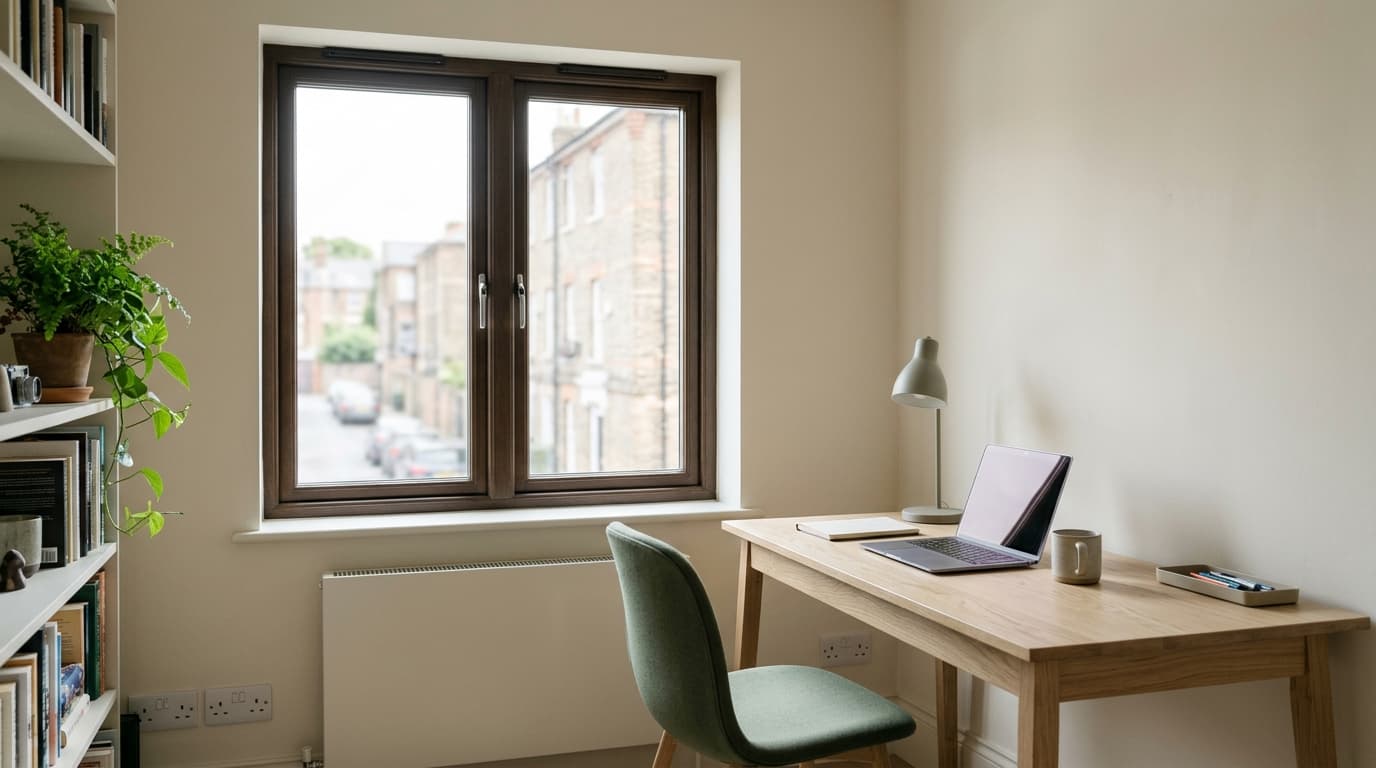 A home study beside a closed window overlooking an urban street.