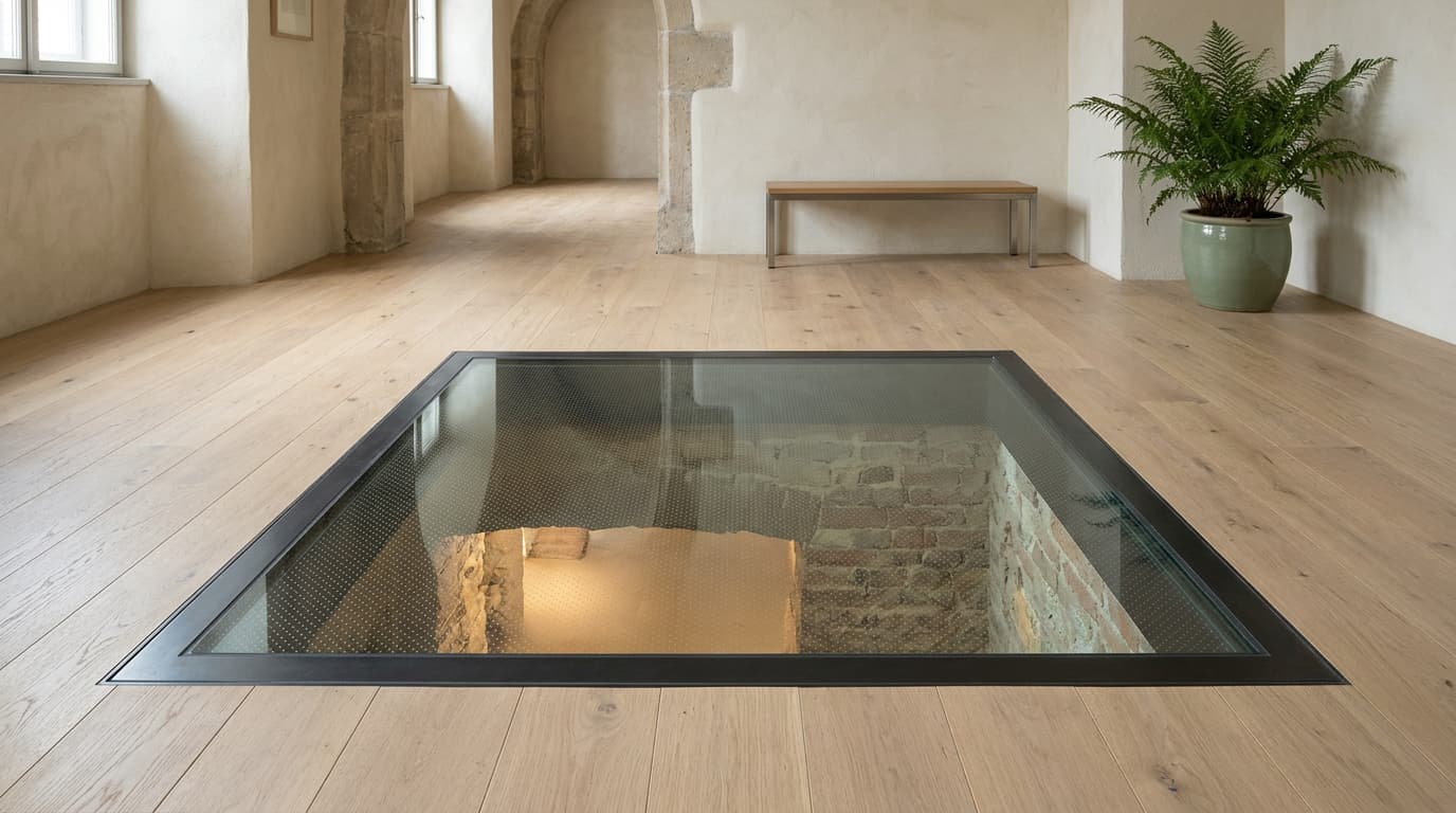A small supported glass floor concept with a textured surface.