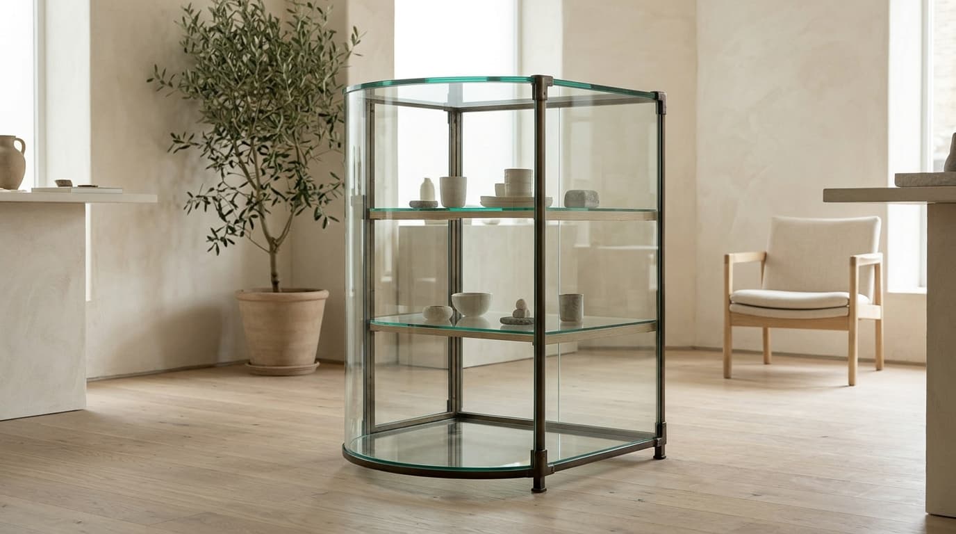A modest curved glass display cabinet.
