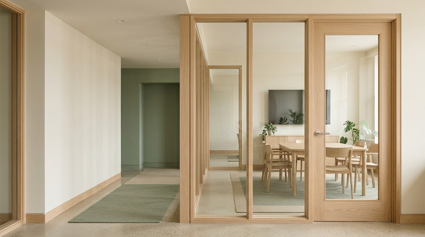 A fully framed internal glazed screen and door concept.