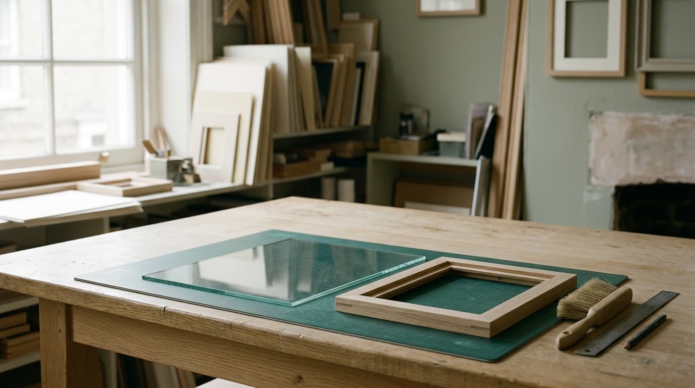 A clear glass panel in a picture-framing workshop.