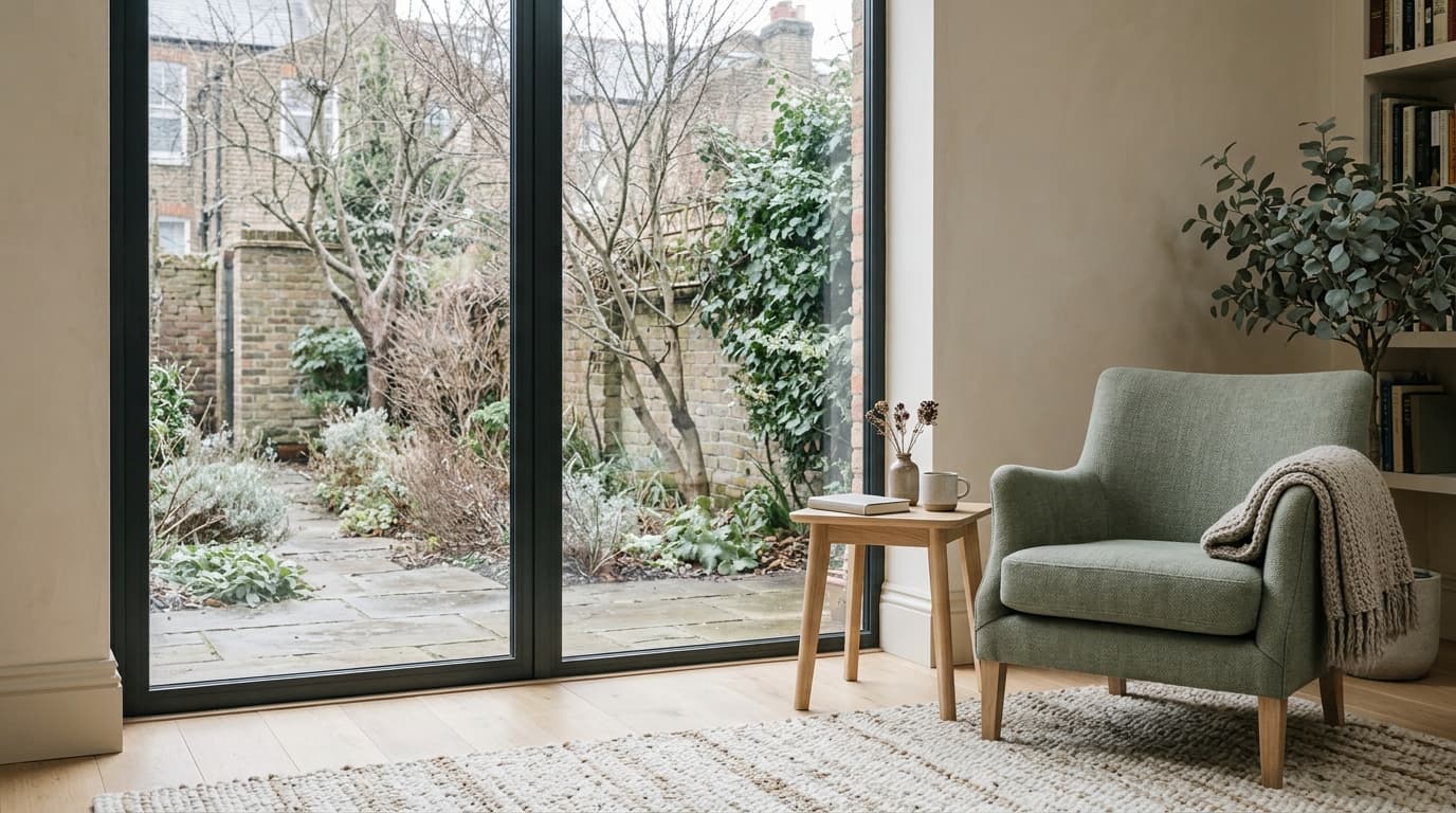 A comfortable room beside a clear glazed window in winter.