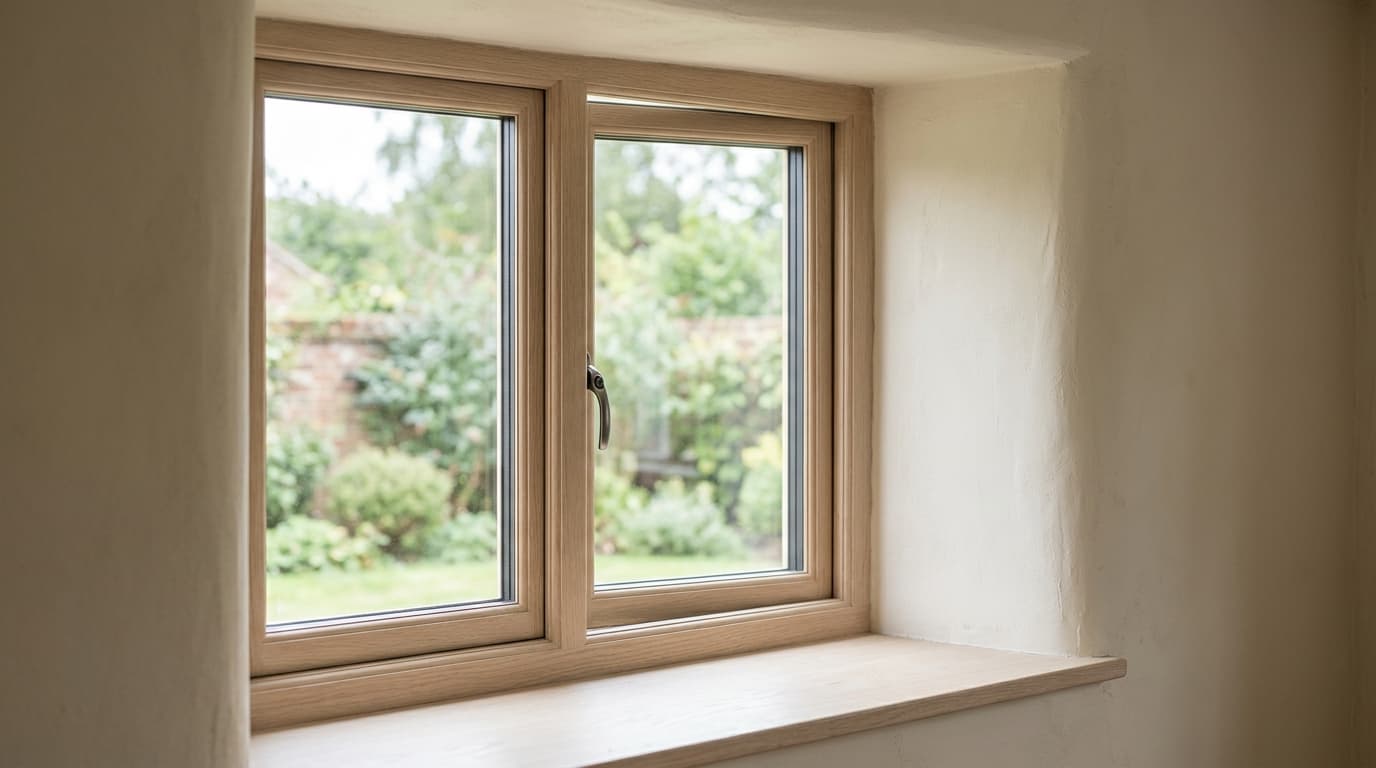 A modest glazed window with a garden view.