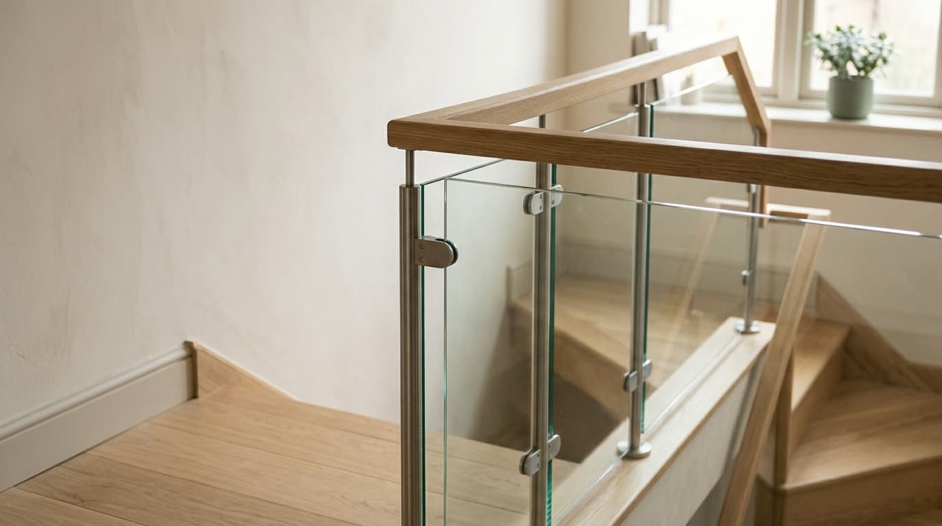A glass balustrade concept beside an oak staircase.