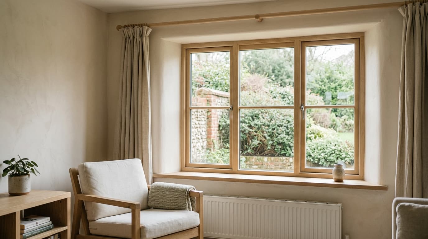 Clear window glazing in a comfortable living-room concept.