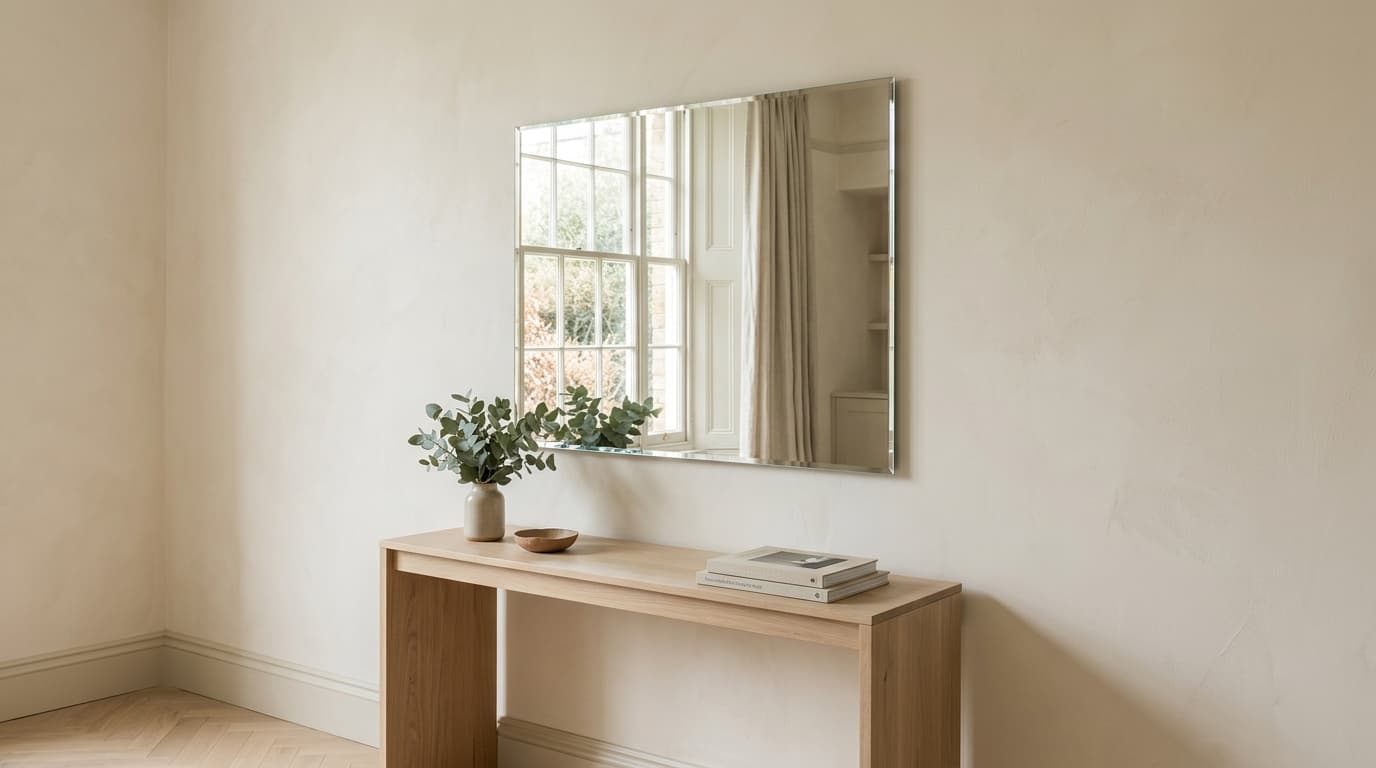 A bespoke rectangular mirror above a pale oak console.