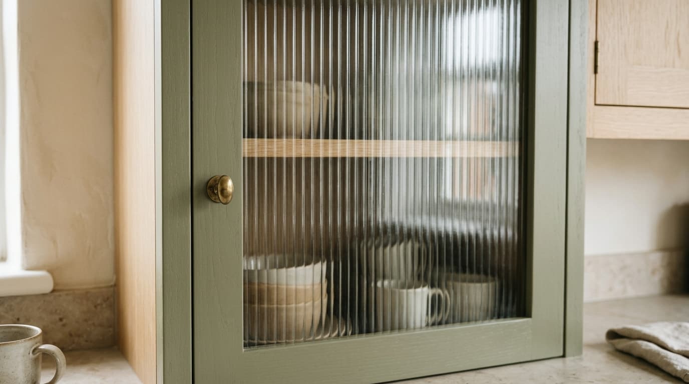 Reeded translucent glass in a kitchen cabinet door.