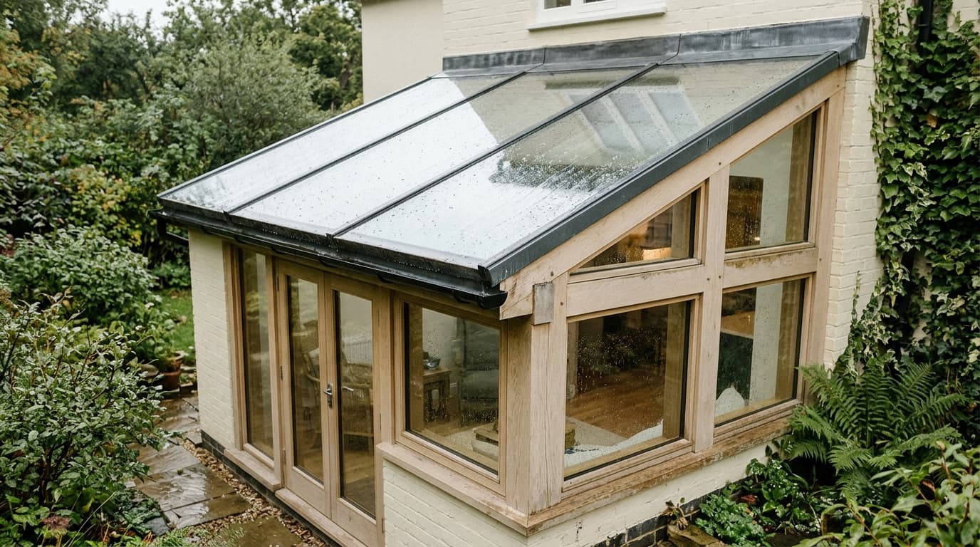 A modest garden-room glass roof after light rain.