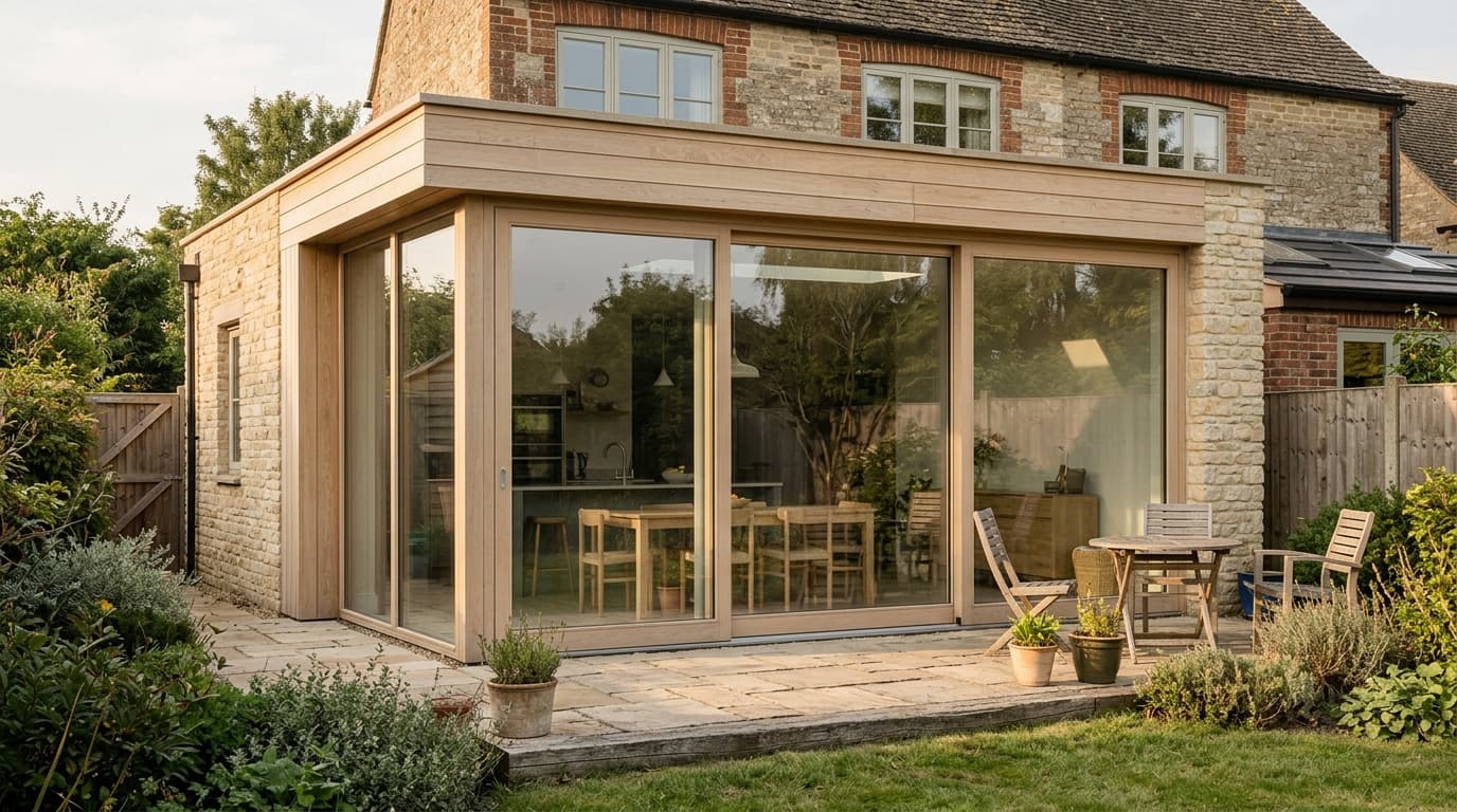 Glazed garden doors in a softly shaded extension.
