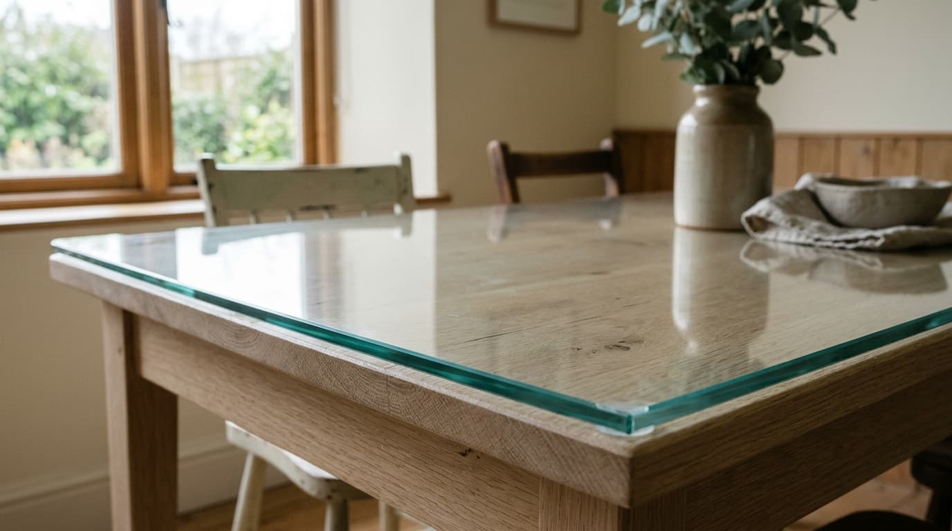 Clear glass tabletop with a polished perimeter in a neutral dining room.