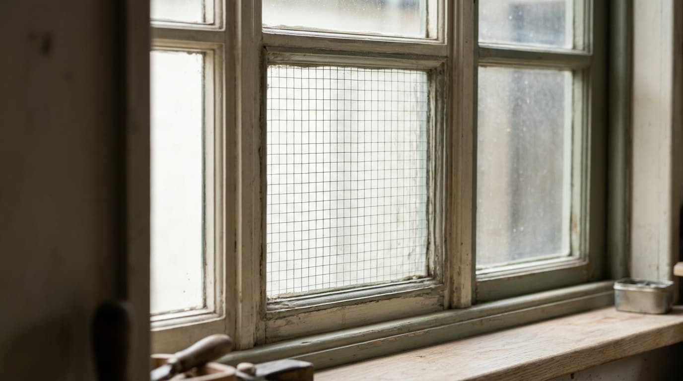 A traditional window with a visible square wire mesh in the glass.