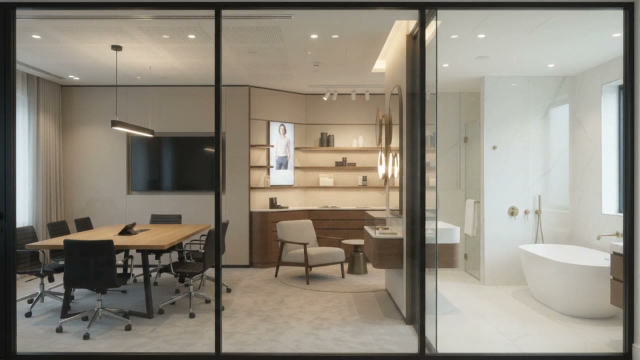 Switchable-glass concept scenes for office, retail and home.