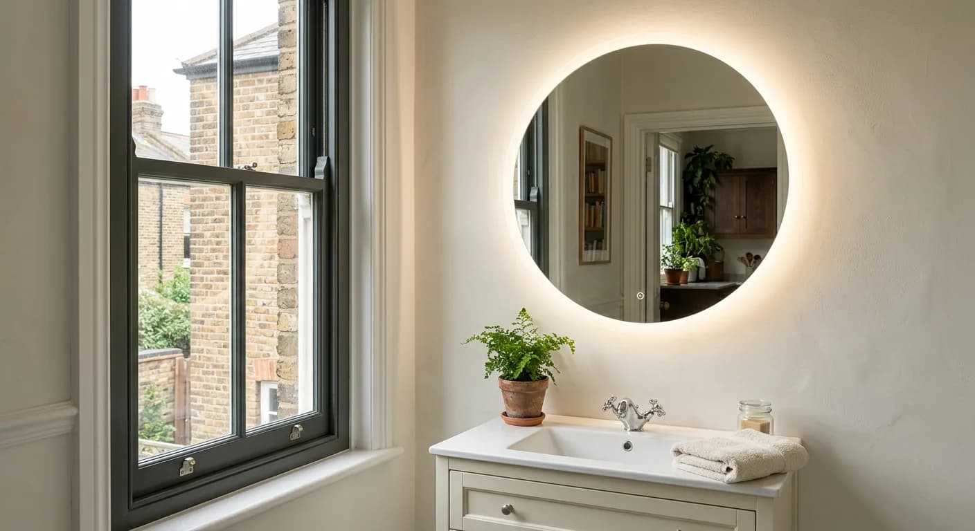 Round LED bathroom mirror above a cream vanity unit