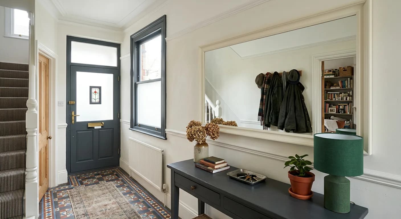 Large cut-to-size wall mirror in a bright hallway