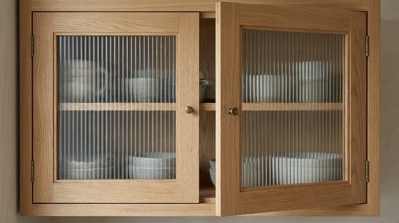 Oak cabinet doors containing framed reeded-glass inserts and small brass knobs.