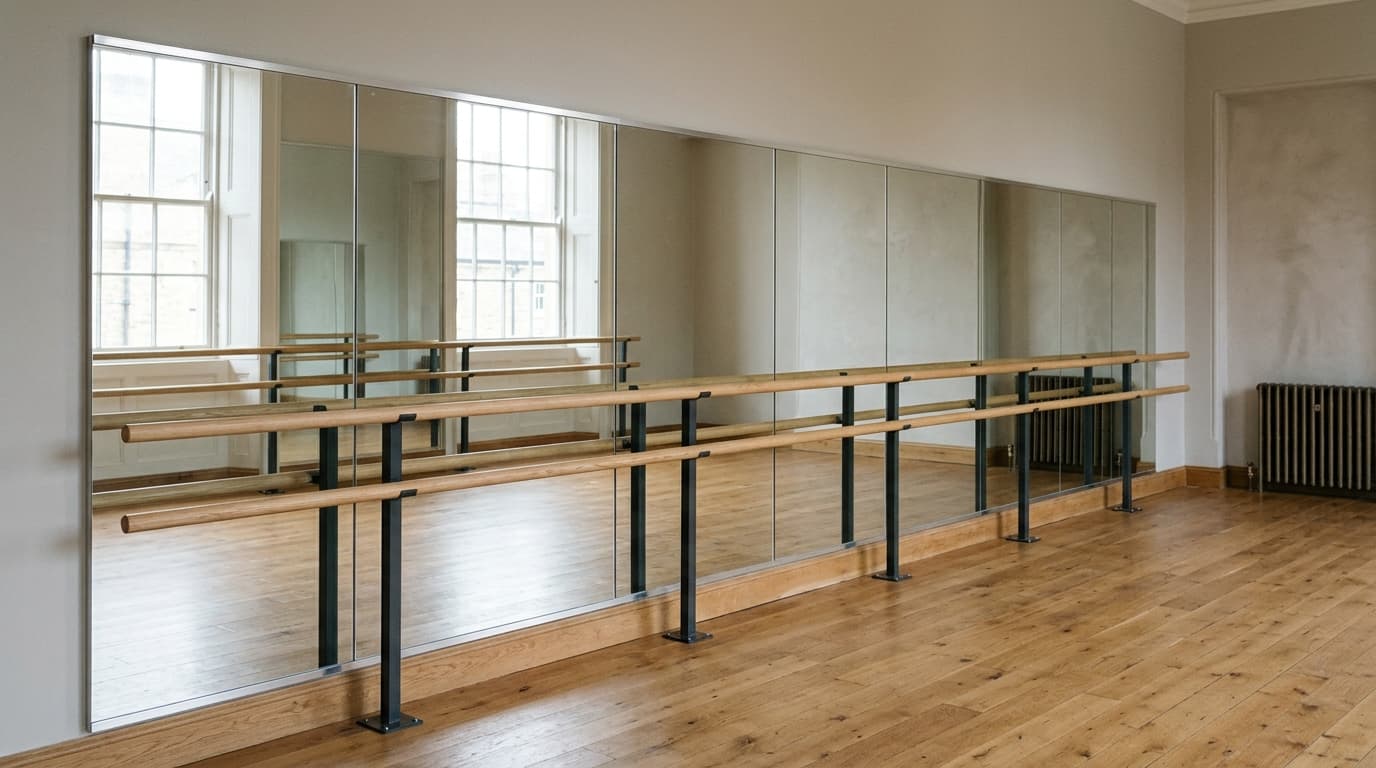 Long ballet studio mirror wall with an independently supported barre and timber floor.