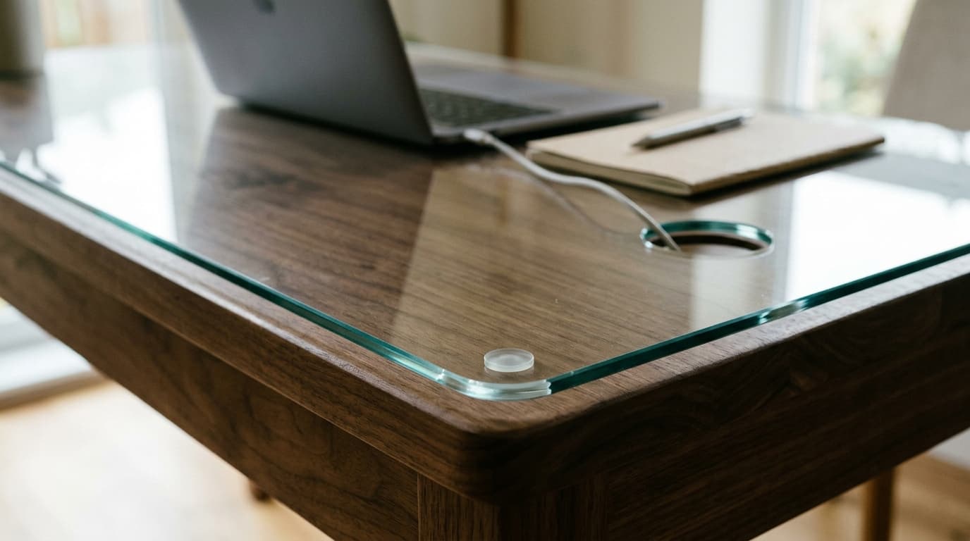 Close-up of a glass desk protector on walnut, with a cable opening, rounded corner and spacer pads.