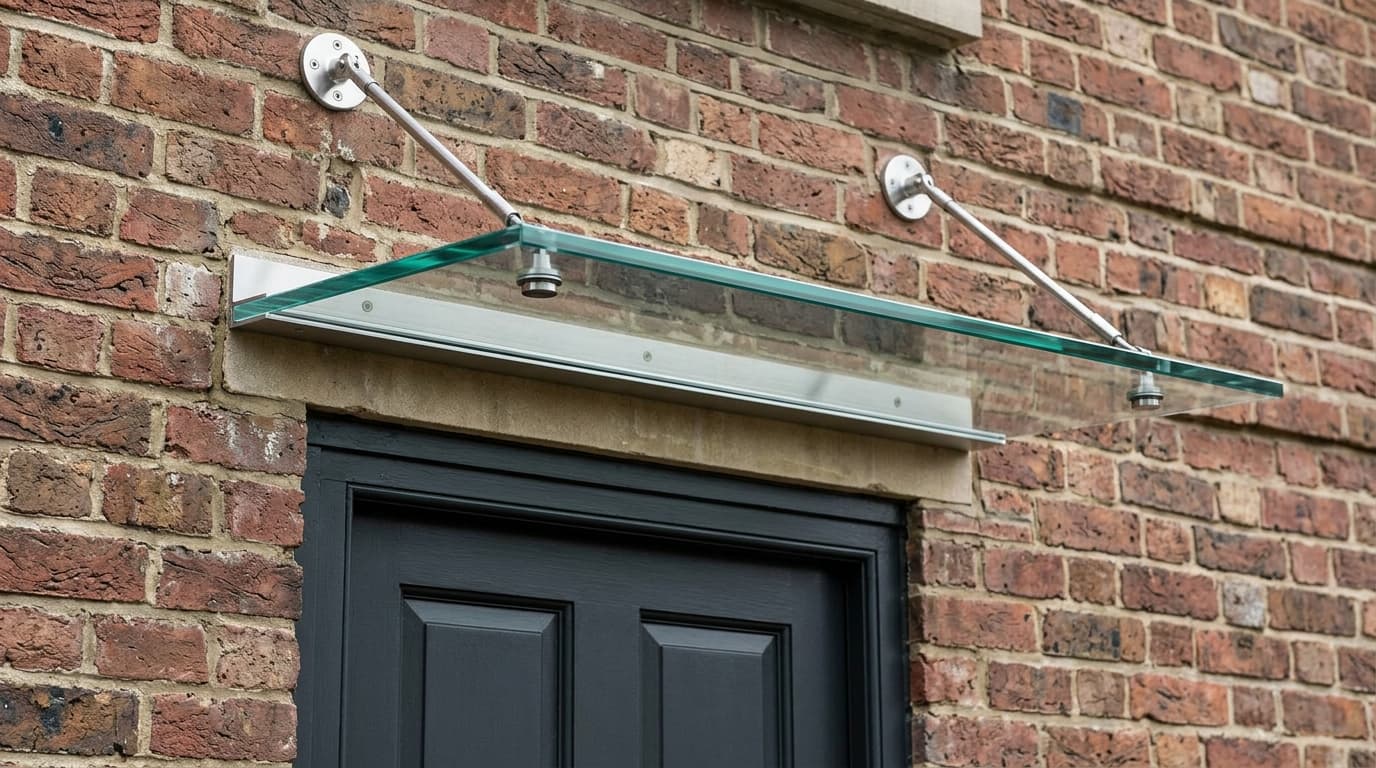 Small glass entrance canopy above a doorway with visible tension rods and wall brackets.