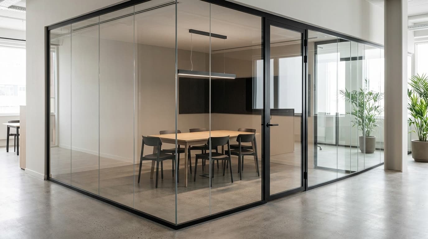Clear fixed glass walls enclosing a meeting room with slim black perimeter tracks.
