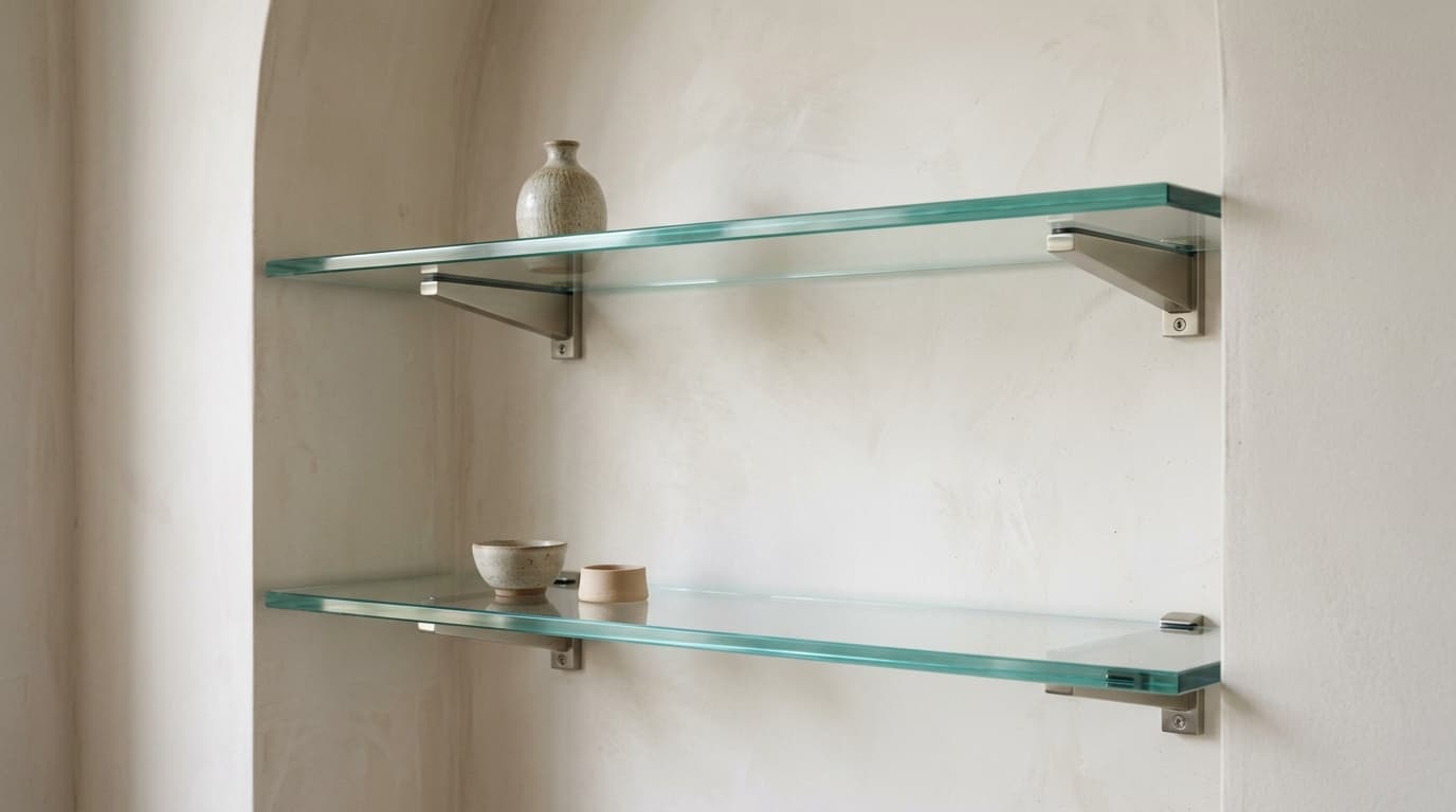 Two polished glass wall shelves on visible metal brackets against a pale wall.