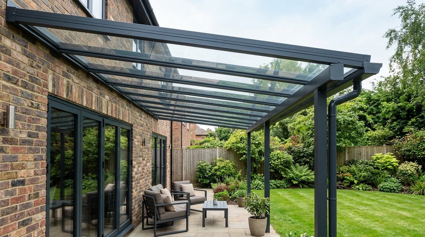 Wall-attached aluminium veranda with clear roof panels, front posts and guttering.