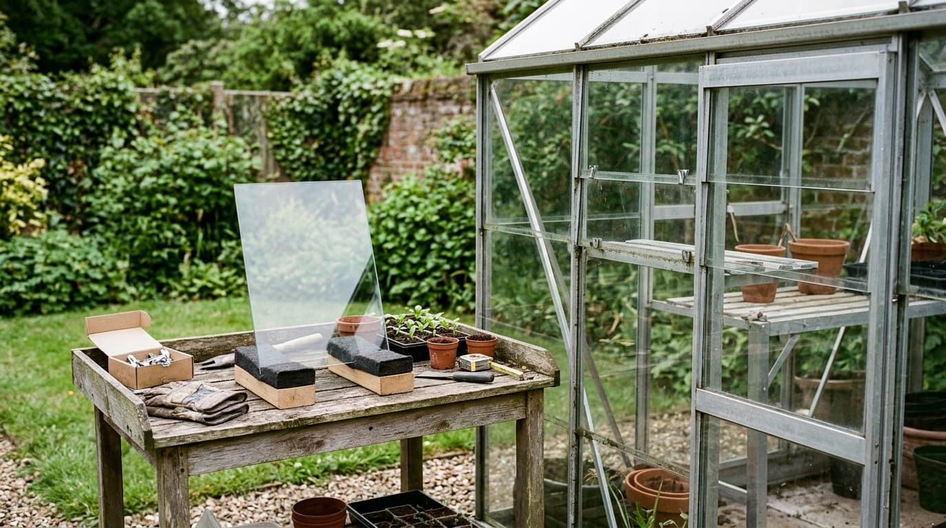 Greenhouse glazing bars and clear panes beside a supported replacement-glass concept.