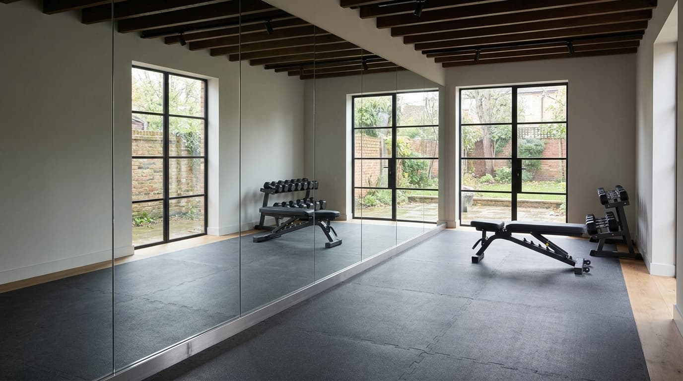 Aligned full-height gym mirror panels reflecting a separate bench and weights area.