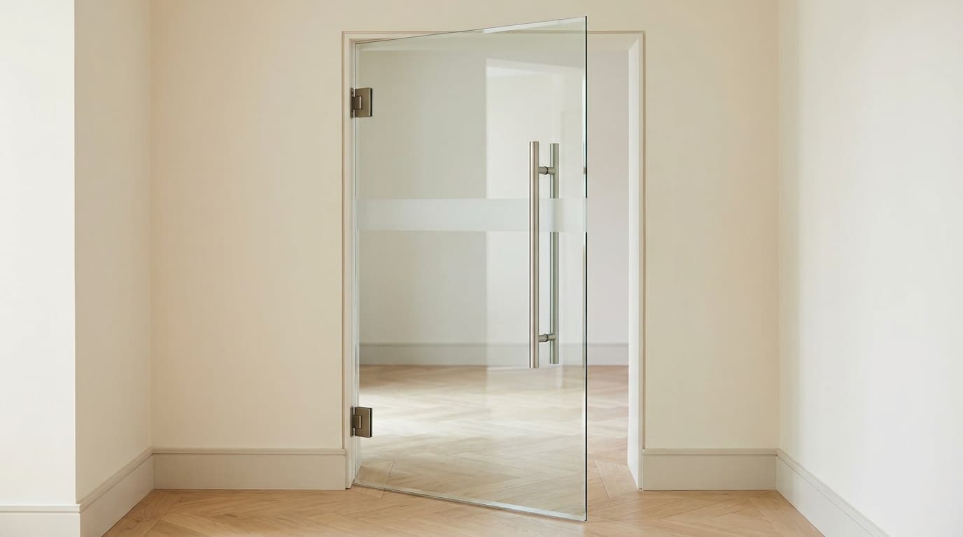 Single frameless hinged glass door with a pull handle and frosted visibility band.