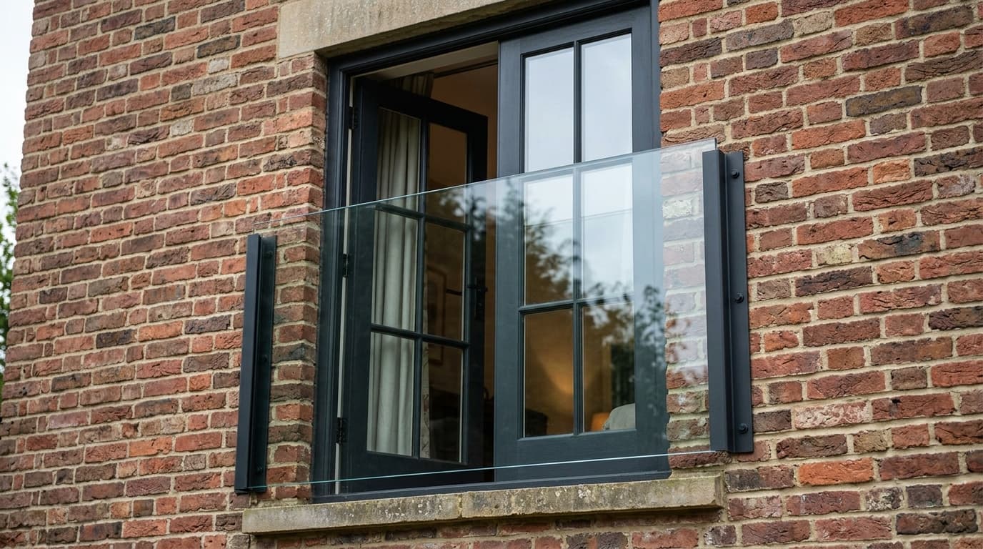 Glass Juliet guard across a brick-wall French-door opening, with vertical side channels and no platform.