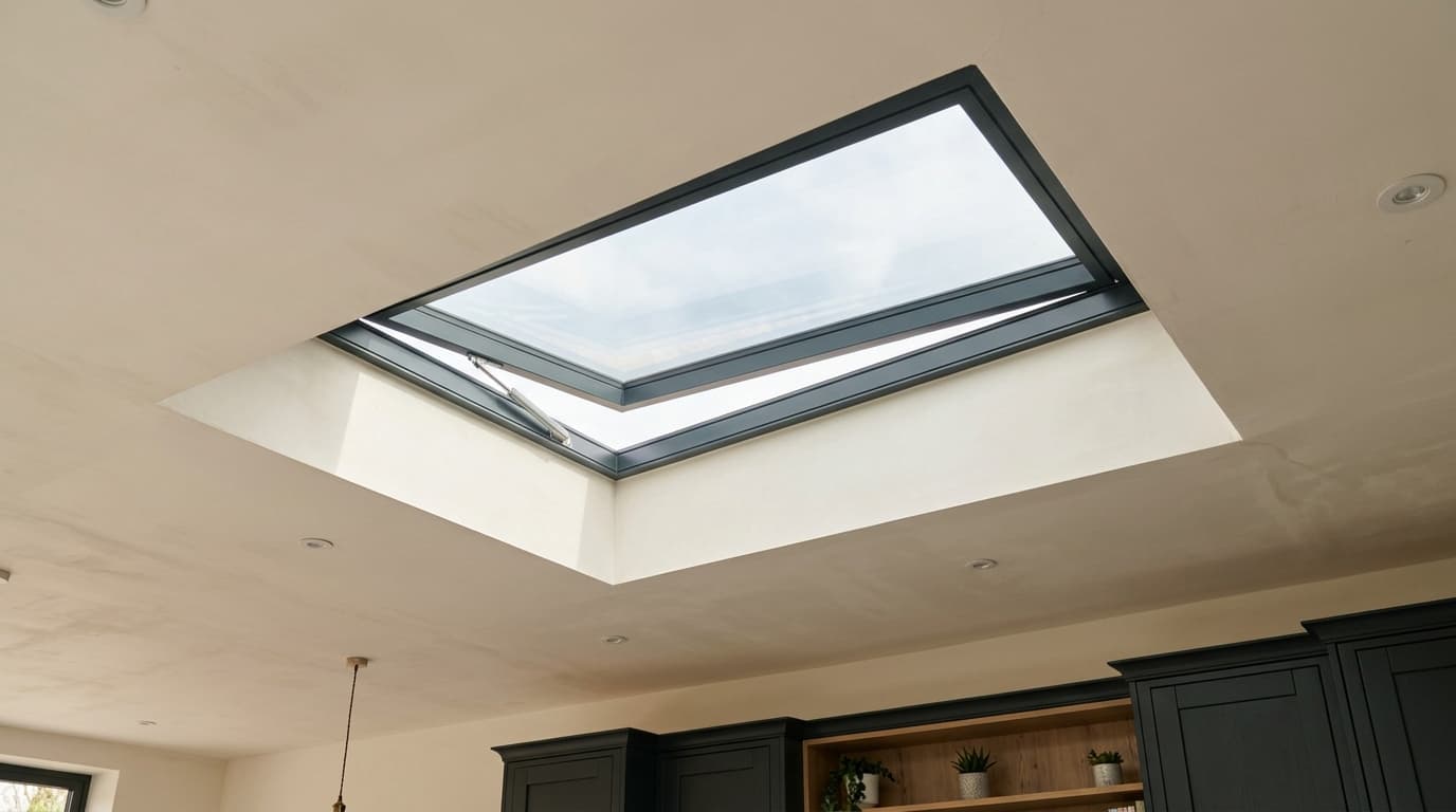 Modest hinged flat-roof rooflight, partly open within a substantial cream ceiling.