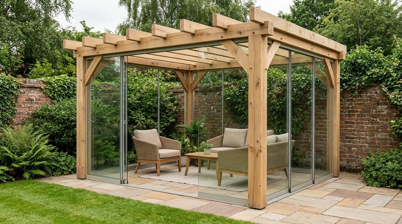 Freestanding timber pergola enclosed by clear sliding glass side screens.