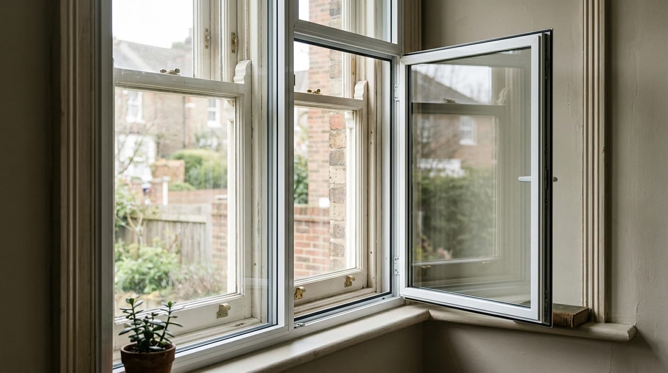 Separate inner secondary-glazing frame opening in front of an original timber sash window.