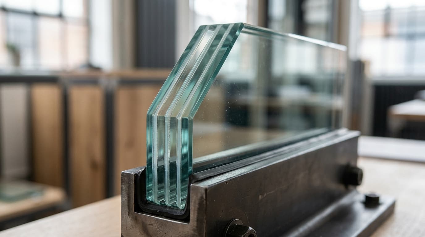 Illustrative multi-ply laminated-glass edge seated in a substantial retaining frame.