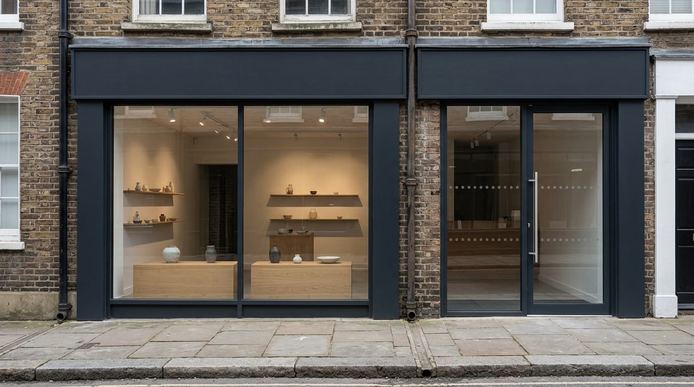 Complete unbranded retail frontage with framed display glazing and a glass entrance door.