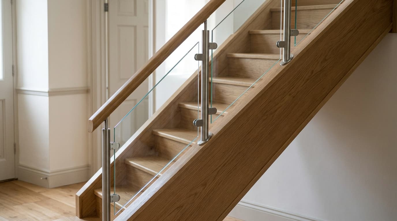 Raked glass stair infill supported by posts beneath a continuous oak handrail.