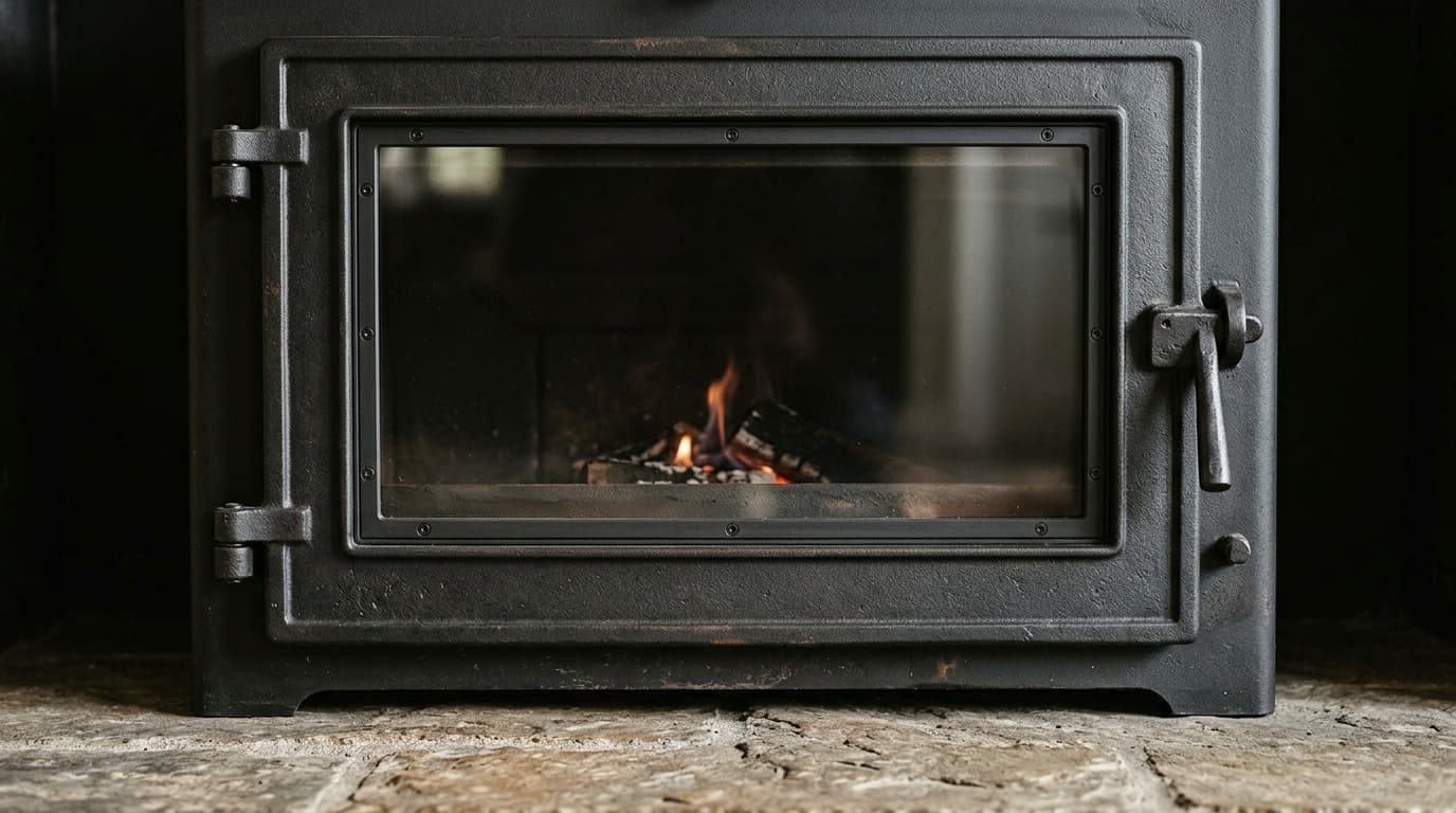 Close view of a closed cast-iron stove door with a ceramic viewing pane.