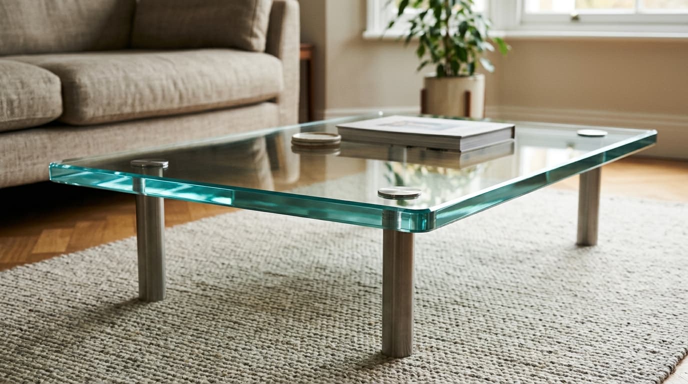 Standalone clear glass coffee-table top with polished edges and visible metal supports.