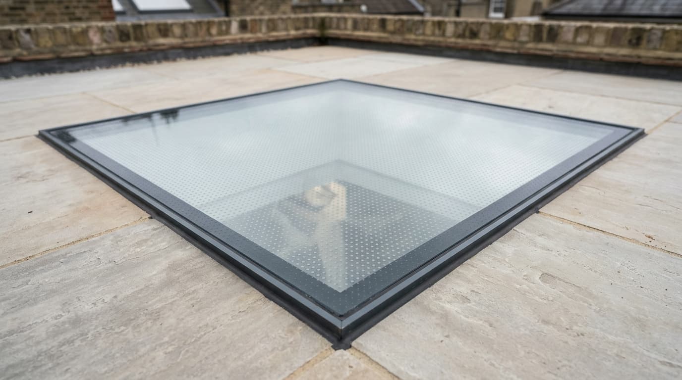 Textured walk-on rooflight set into a paved roof terrace above a lightwell.