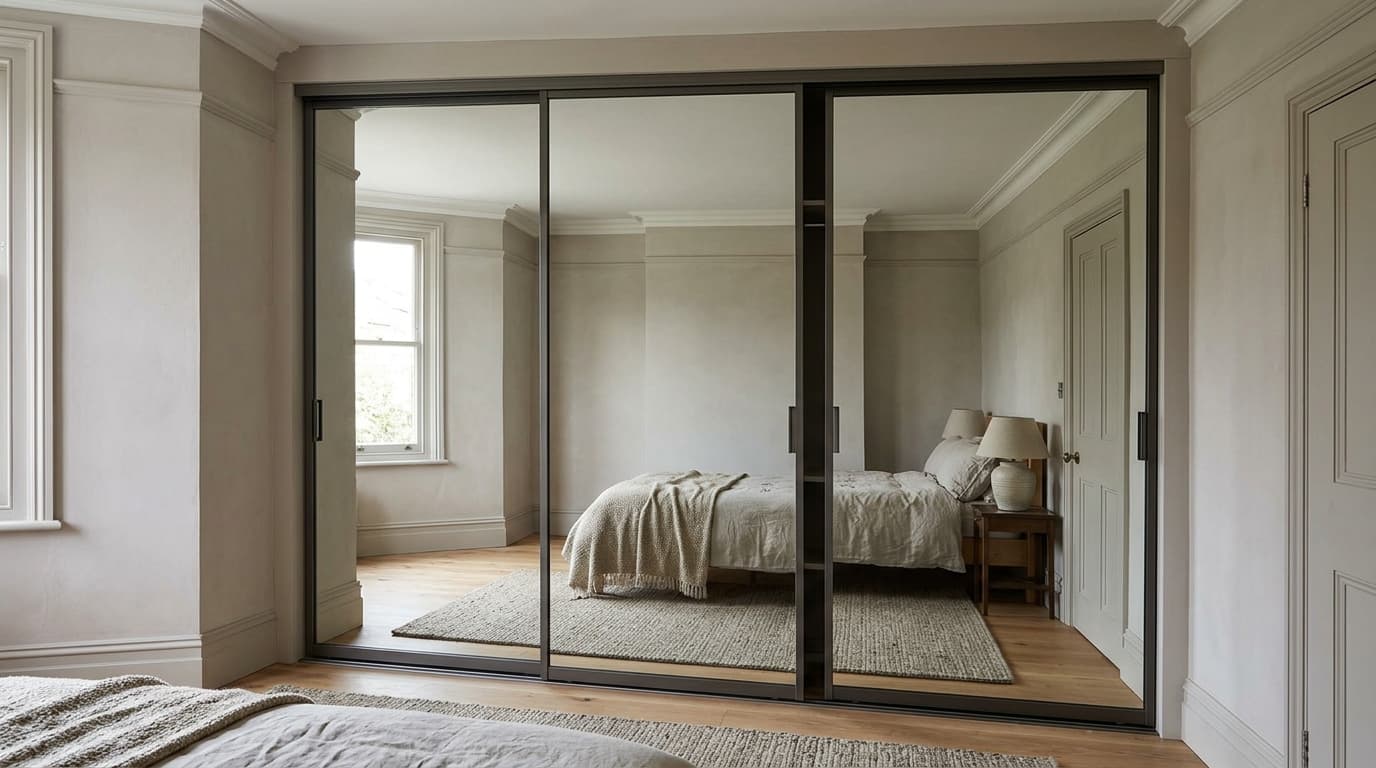 Full-height framed mirrored sliding wardrobe doors reflecting a calm bedroom.