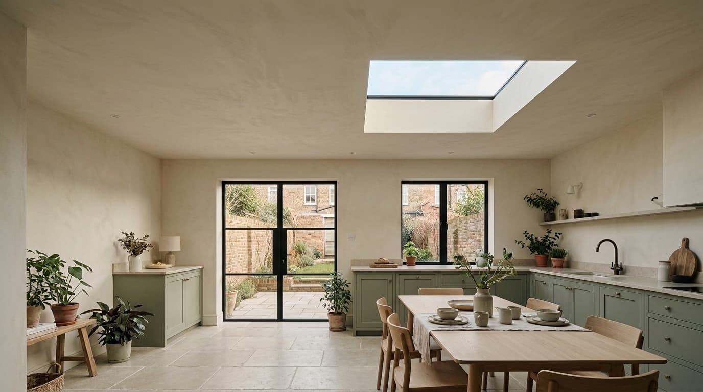 A modest fixed flat rooflight above a cream and sage kitchen dining room.