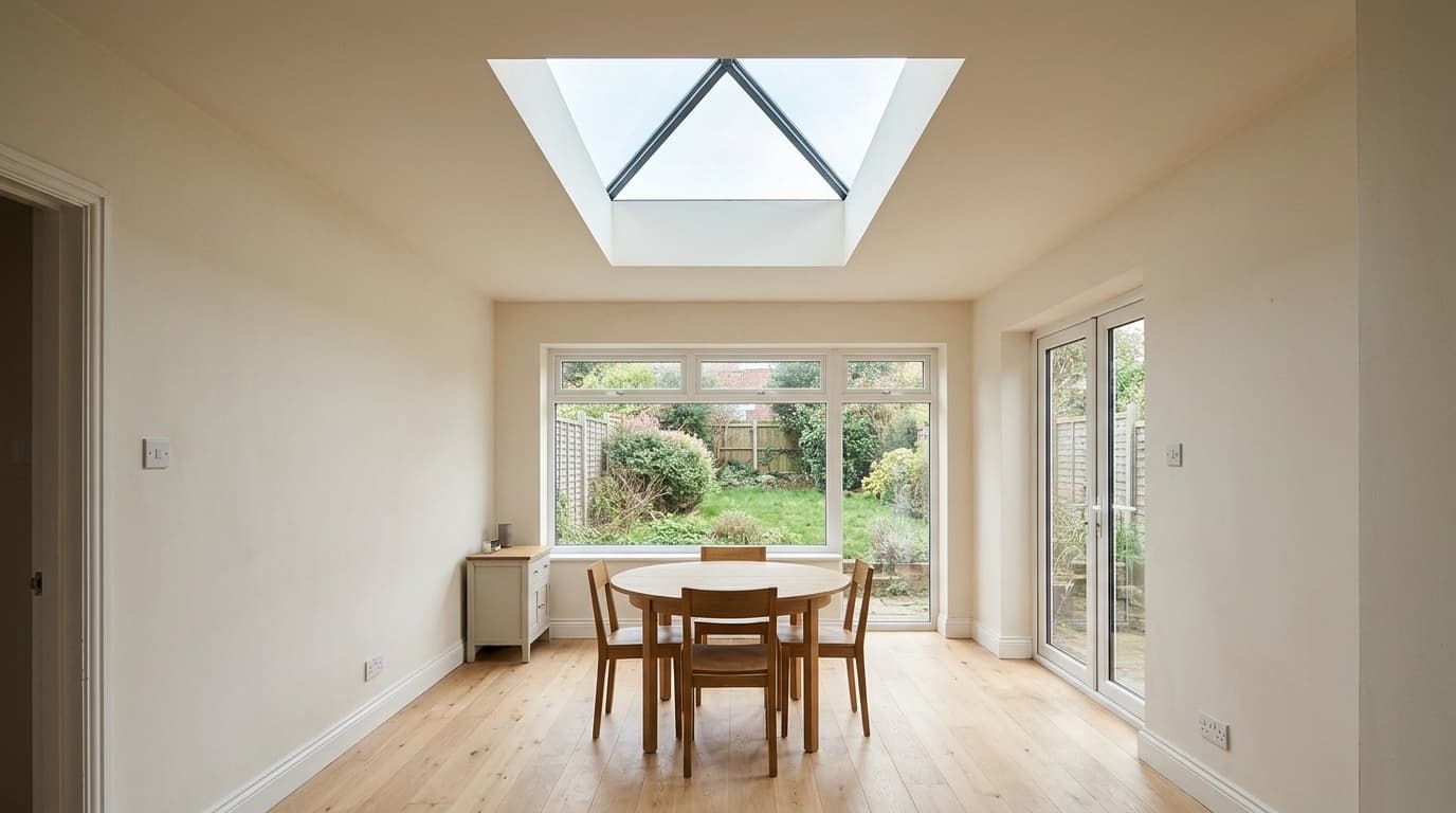 A small glazed pyramid roof lantern above a neutral dining room.